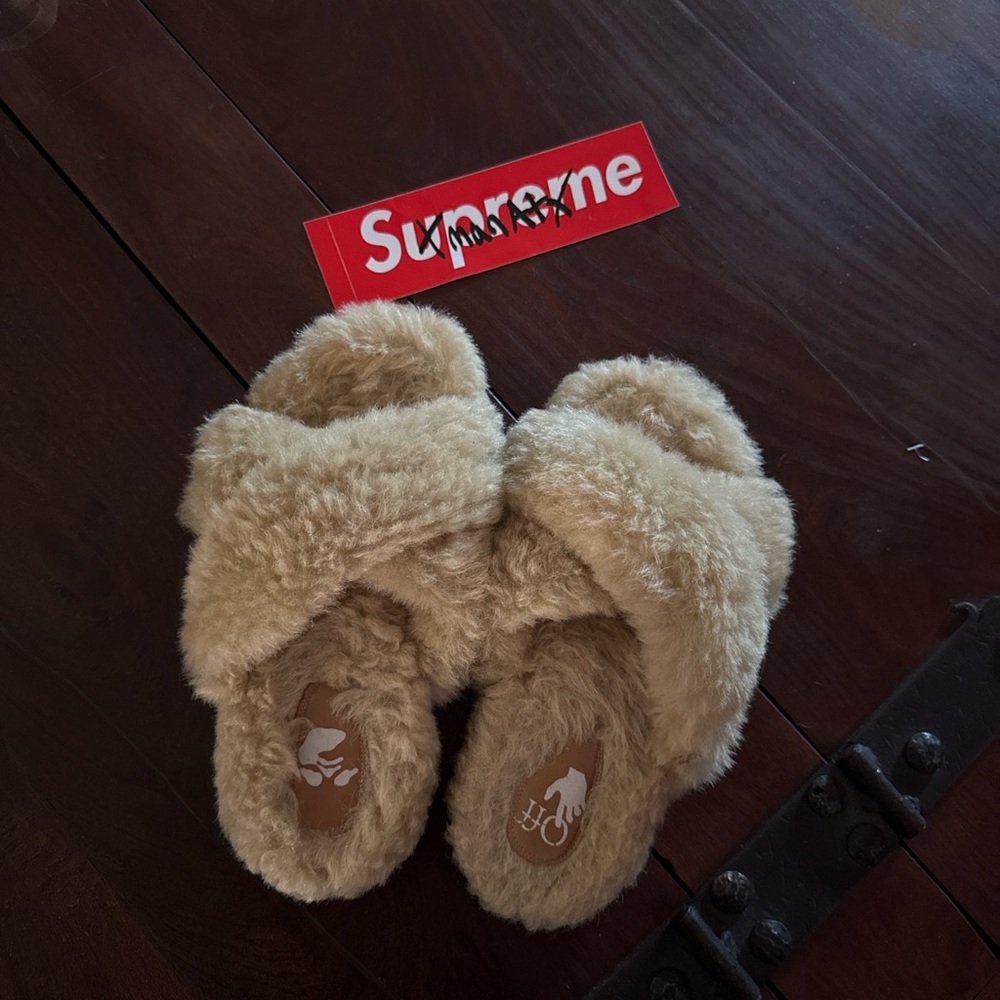 Off White Beige Fuzzy Slippers